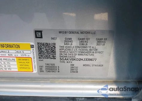 2017 Buick Enclave Leather z USA, uszkodzony, nr VIN 5GAKVBKD2HJ339677